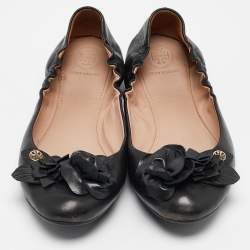 Tory Burch Black Leather Blossom Ballet Flats Size 37.5