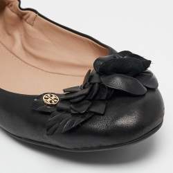 Tory Burch Black Leather Blossom Ballet Flats Size 37.5