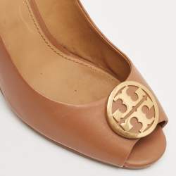 Pre Owned Tory Burch Tan Leather Benton Peep Toe Wedge Pumps Size 38