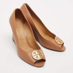 Pre Owned Tory Burch Tan Leather Benton Peep Toe Wedge Pumps Size 38