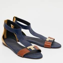 Tory Burch Brown/Blue Leather T-Strap Flat Sandals Size 40 