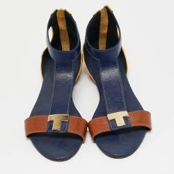 Tory Burch Brown/Blue Leather T-Strap Flat Sandals Size 40 