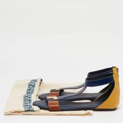 Tory Burch Brown/Blue Leather T-Strap Flat Sandals Size 40 
