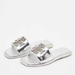 Pre Owned Tory Burch Silver Leather Double T Flat Slides Size 40.5
