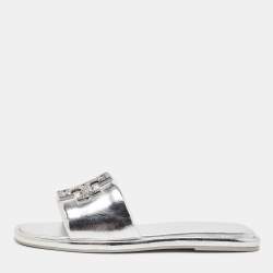 Pre Owned Tory Burch Silver Leather Double T Flat Slides Size 40.5