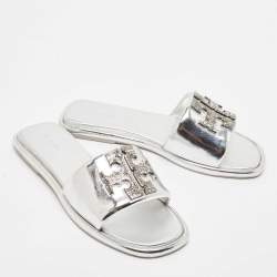 Pre Owned Tory Burch Silver Leather Double T Flat Slides Size 40.5