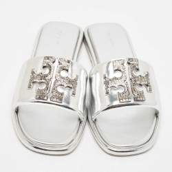 Pre Owned Tory Burch Silver Leather Double T Flat Slides Size 40.5
