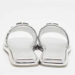 Pre Owned Tory Burch Silver Leather Double T Flat Slides Size 40.5
