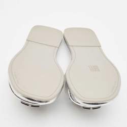 Pre Owned Tory Burch Silver Leather Double T Flat Slides Size 40.5