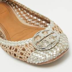 Pre Owned Tory Burch Gold/Silver Woven Leather Reva Scrunch Ballet Flats Size 37.5