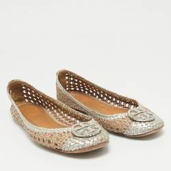 Pre Owned Tory Burch Gold/Silver Woven Leather Reva Scrunch Ballet Flats Size 37.5
