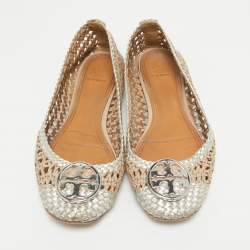 Pre Owned Tory Burch Gold/Silver Woven Leather Reva Scrunch Ballet Flats Size 37.5