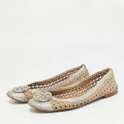 Pre Owned Tory Burch Gold/Silver Woven Leather Reva Scrunch Ballet Flats Size 37.5