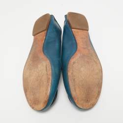 Tory Burch Blue Leather Logo Minnie Ballet Flats Size 37