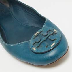 Tory Burch Blue Leather Logo Minnie Ballet Flats Size 37