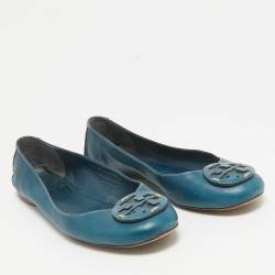 Tory Burch Blue Leather Logo Minnie Ballet Flats Size 37