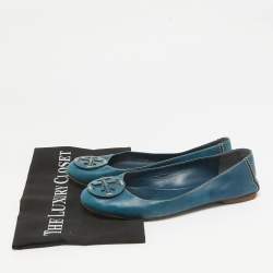 Tory Burch Blue Leather Logo Minnie Ballet Flats Size 37