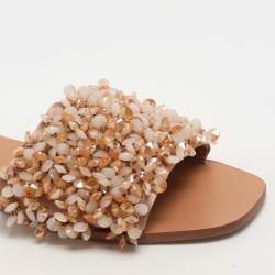 Pre Owned Tory Burch Beige Satin Embellished Logan Slide Sandals Size 39.5