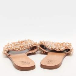 Pre Owned Tory Burch Beige Satin Embellished Logan Slide Sandals Size 39.5