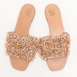 Pre Owned Tory Burch Beige Satin Embellished Logan Slide Sandals Size 39.5