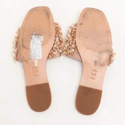 Pre Owned Tory Burch Beige Satin Embellished Logan Slide Sandals Size 39.5