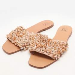 Pre Owned Tory Burch Beige Satin Embellished Logan Slide Sandals Size 39.5