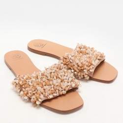 Pre Owned Tory Burch Beige Satin Embellished Logan Slide Sandals Size 39.5