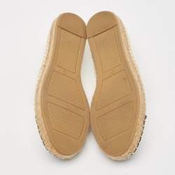 Pre Owned Tory Burch Off-White/Black Leather Logo Cap Toe Espadrille Flats Size 37.5