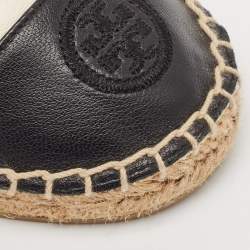 Pre Owned Tory Burch Off-White/Black Leather Logo Cap Toe Espadrille Flats Size 37.5
