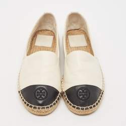 Pre Owned Tory Burch Off-White/Black Leather Logo Cap Toe Espadrille Flats Size 37.5