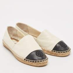 Pre Owned Tory Burch Off-White/Black Leather Logo Cap Toe Espadrille Flats Size 37.5