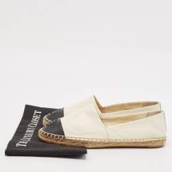 Pre Owned Tory Burch Off-White/Black Leather Logo Cap Toe Espadrille Flats Size 37.5