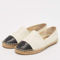 Pre Owned Tory Burch Off-White/Black Leather Logo Cap Toe Espadrille Flats Size 37.5