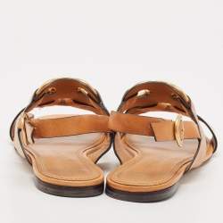 Tory Burch Brown Leather Crystal Embellished Slingback Flat Sandals Size 38
