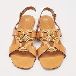 Tory Burch Brown Leather Crystal Embellished Slingback Flat Sandals Size 38