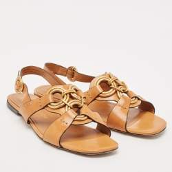Tory Burch Brown Leather Crystal Embellished Slingback Flat Sandals Size 38