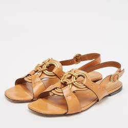 Tory Burch Brown Leather Crystal Embellished Slingback Flat Sandals Size 38