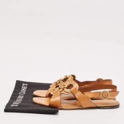 Tory Burch Brown Leather Crystal Embellished Slingback Flat Sandals Size 38