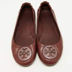 Tory Burch Burgundy Leather Minnie Travel Ballet Flats Size 40.5
