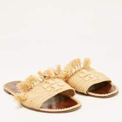 Tory Burch Beige Raffia Flat Slides Size 41