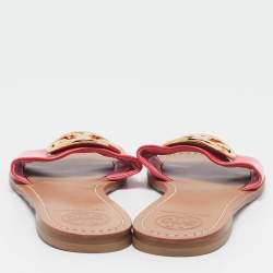 Pre Owned Tory Burch Pink Patent Leather Logo Flat Slides Size 36.5