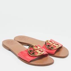 Pre Owned Tory Burch Pink Patent Leather Logo Flat Slides Size 36.5