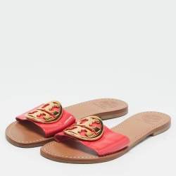 Pre Owned Tory Burch Pink Patent Leather Logo Flat Slides Size 36.5