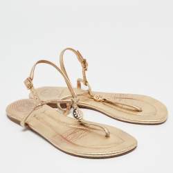Tory Burch Gold Leather Emmy Thong Sandals Size 36.5