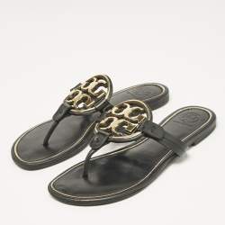 Pre Owned Tory Burch Black Leather Logo Miller Thong Flats Size 37