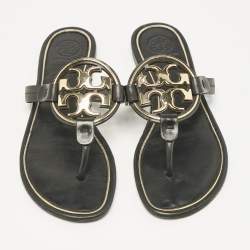 Pre Owned Tory Burch Black Leather Logo Miller Thong Flats Size 37