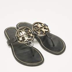 Pre Owned Tory Burch Black Leather Logo Miller Thong Flats Size 37