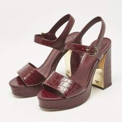 Tory Burch Burgundy Croc Embossed Leather Martine Platform Sandals Size 41