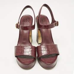 Tory Burch Burgundy Croc Embossed Leather Martine Platform Sandals Size 41