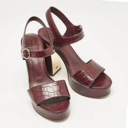 Tory Burch Burgundy Croc Embossed Leather Martine Platform Sandals Size 41